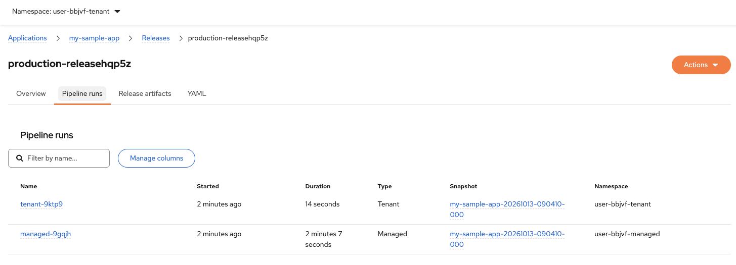 Konflux Pipeline runs tab showing both tenant and managed pipeline runs
