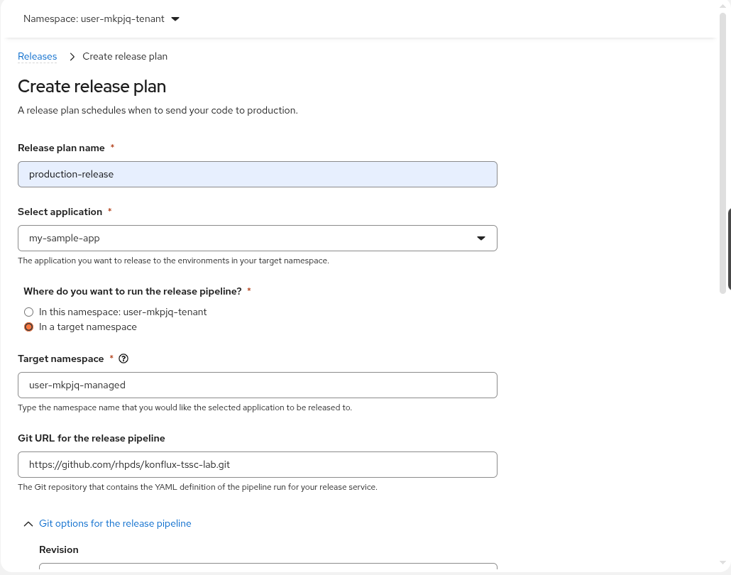 Konflux Create release plan dialog showing the Name
