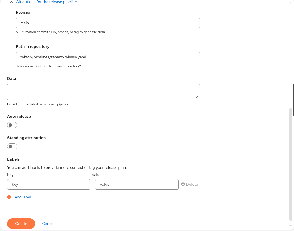Konflux Create release plan dialog showing the Git options section expanded with URL