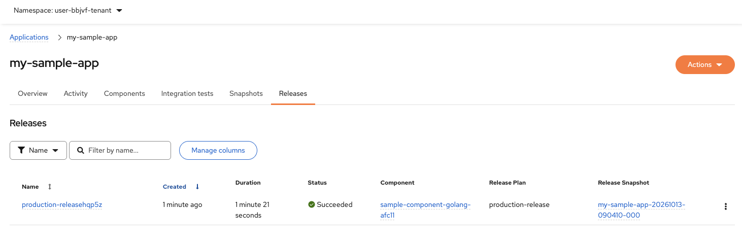 Konflux Releases tab showing the production release with status and duration