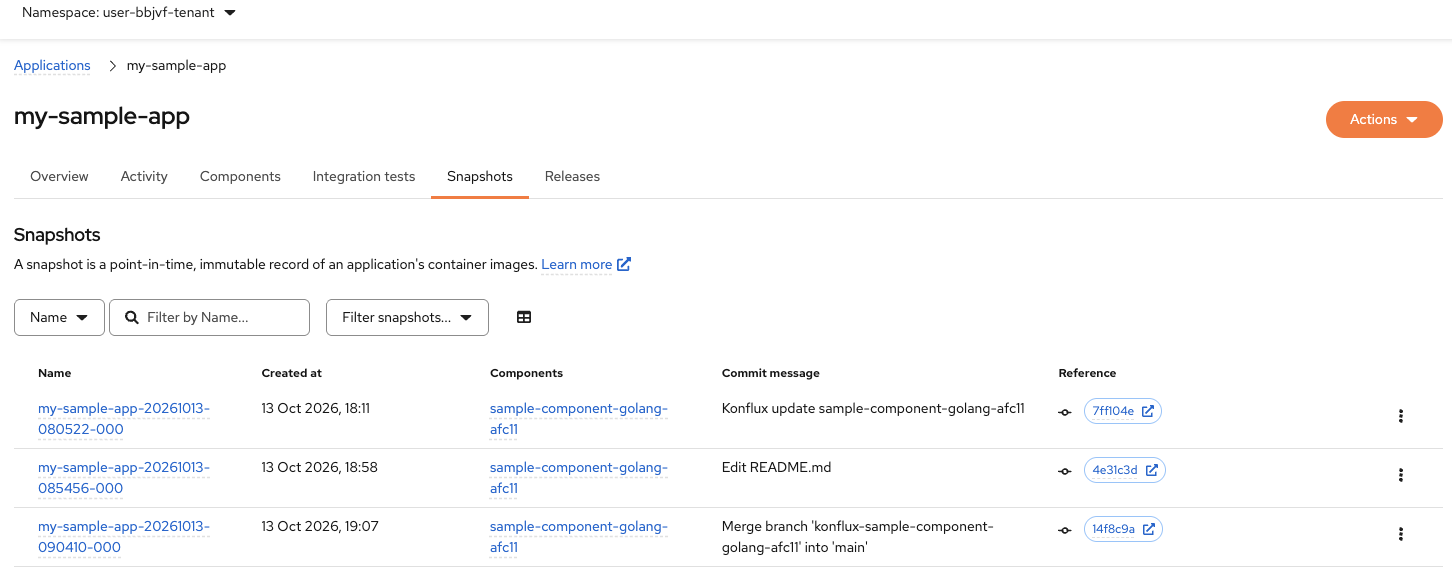 Konflux Snapshots tab showing snapshots with their commit messages including the merge commit