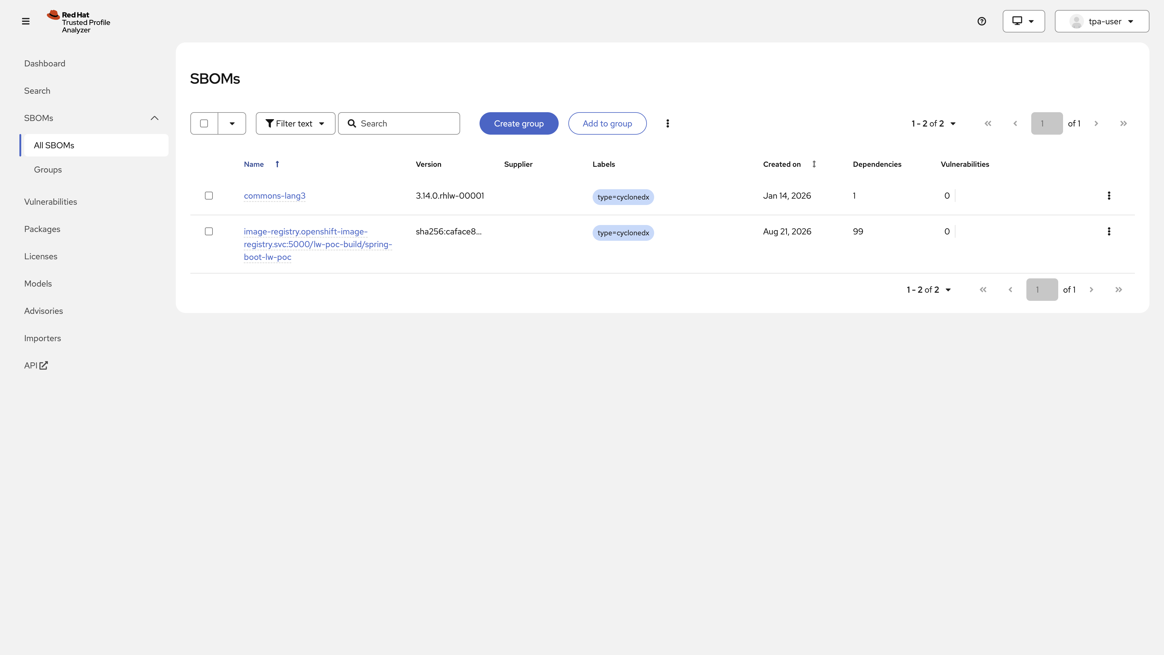TPA UI after ingesting the promoted app CycloneDX SBOM