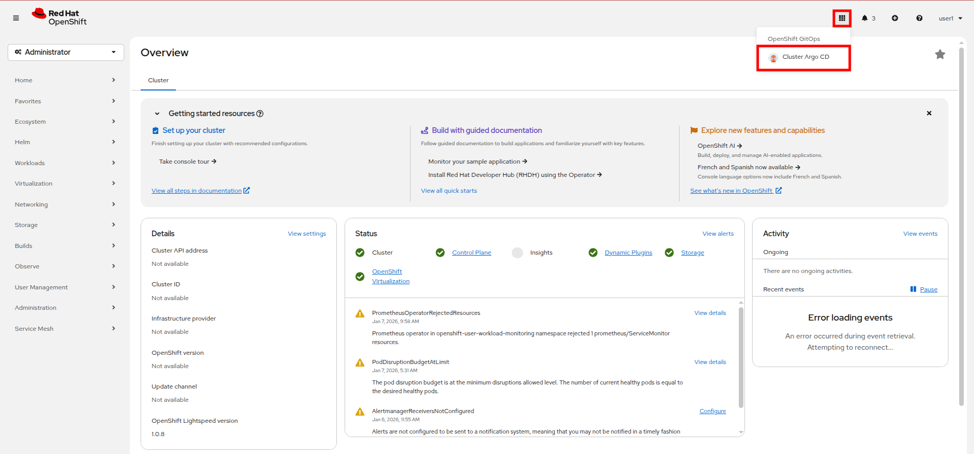 Applications menu with Cluster Argo CD option in the dropdown