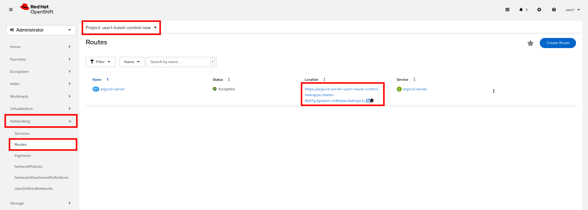 Networking Routes page showing the argocd-server route in the travel-control-new project