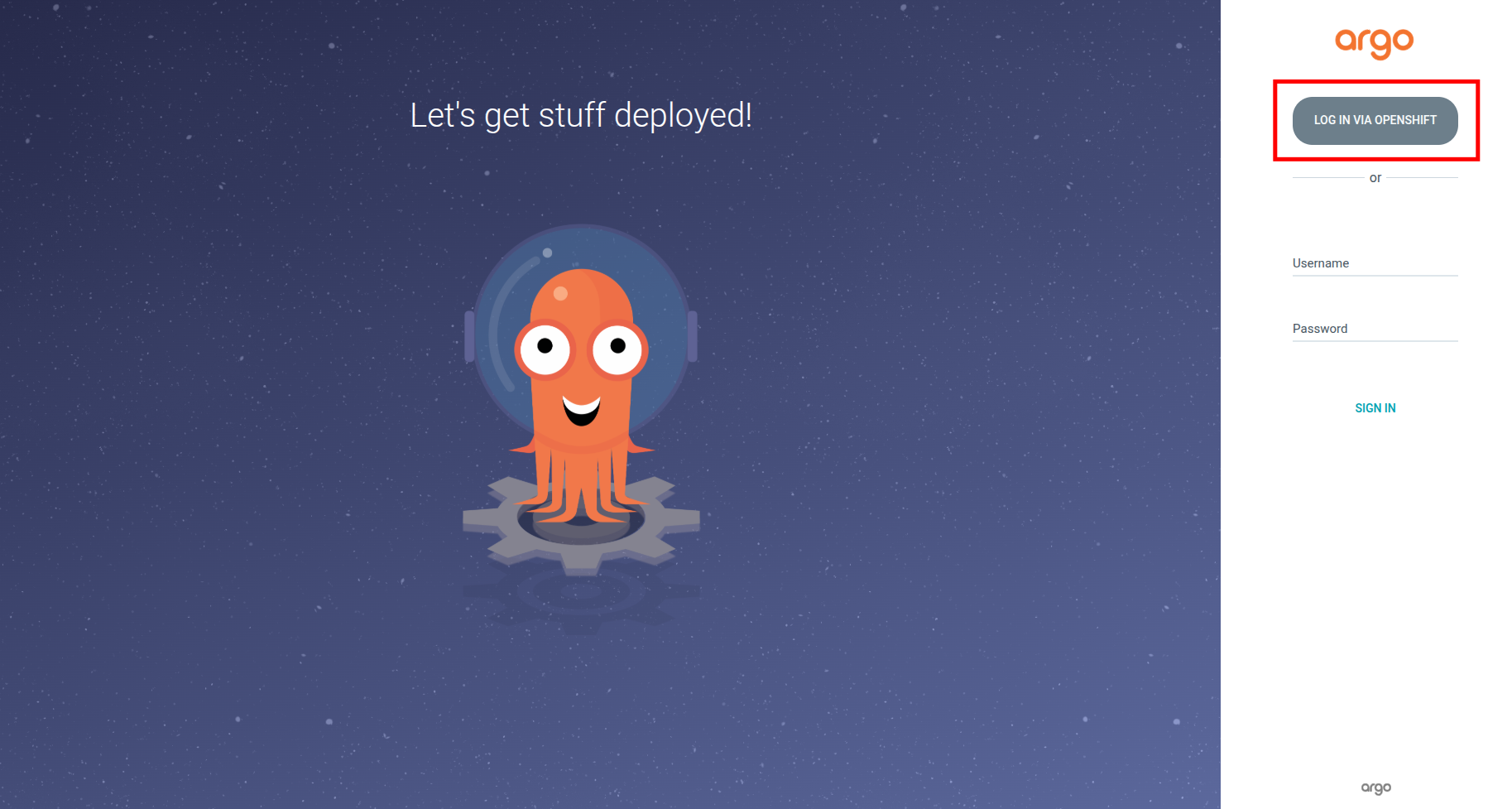 Argo CD login page with LOG IN VIA OPENSHIFT button