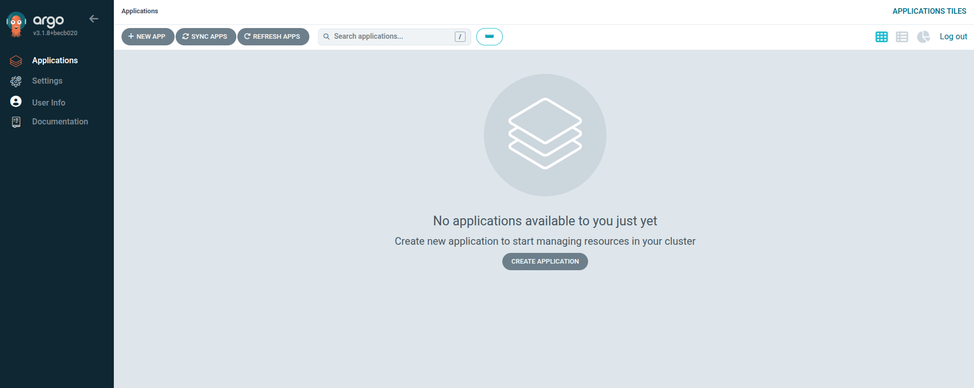 Empty Argo CD dashboard with no applications deployed