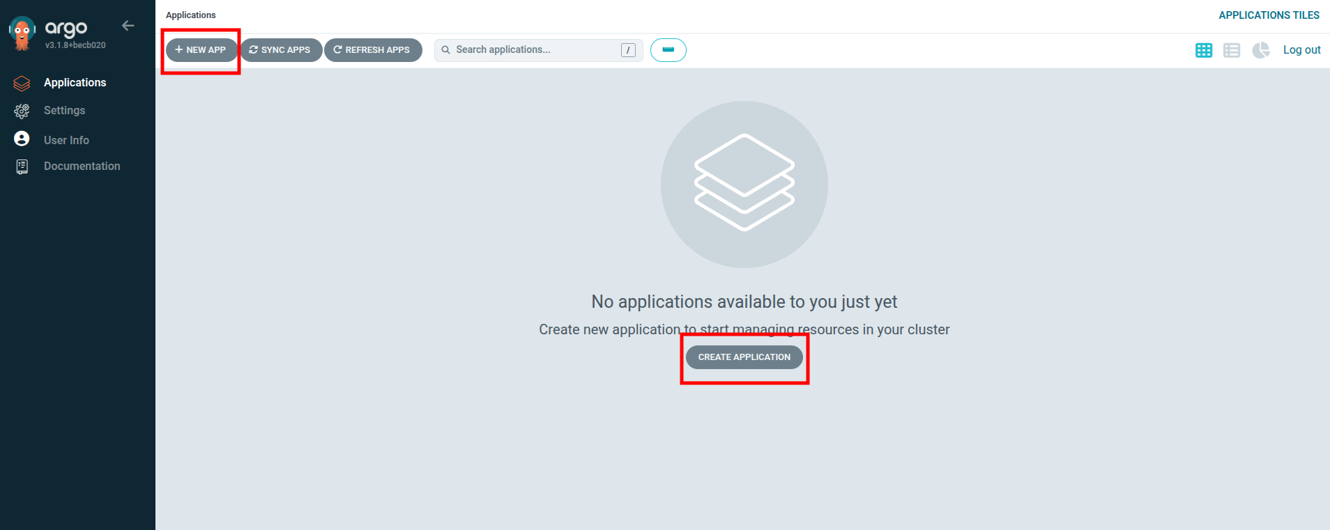 Argo CD dashboard with New App and Create Application buttons