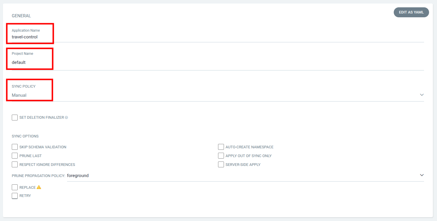 Create Application wizard General section with name travel-control and project default