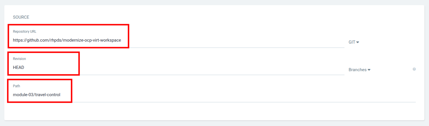 Source section with repository URL, revision HEAD, and path module-03/travel-control