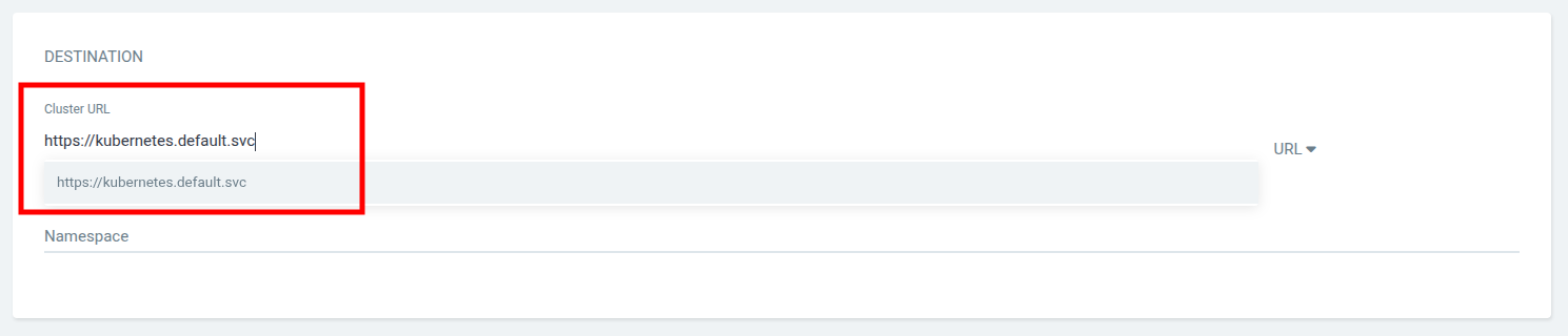 Destination section with cluster URL set to kubernetes.default.svc