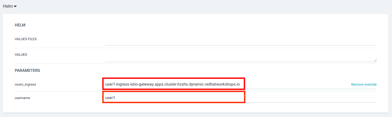 Helm section with username and ossm_ingress parameters configured