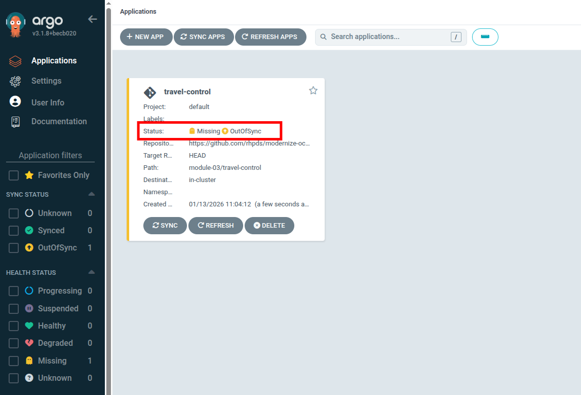 Argo CD dashboard showing travel-control application in OutOfSync status