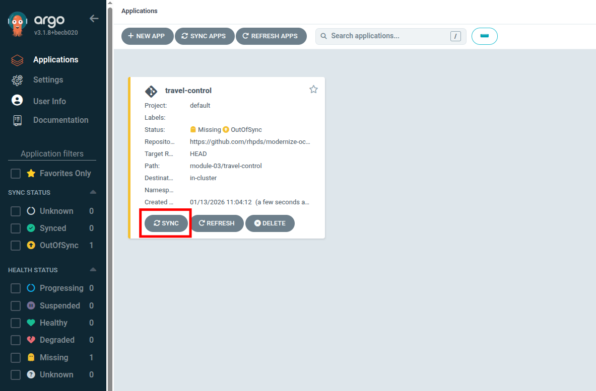 travel-control application card with SYNC button highlighted