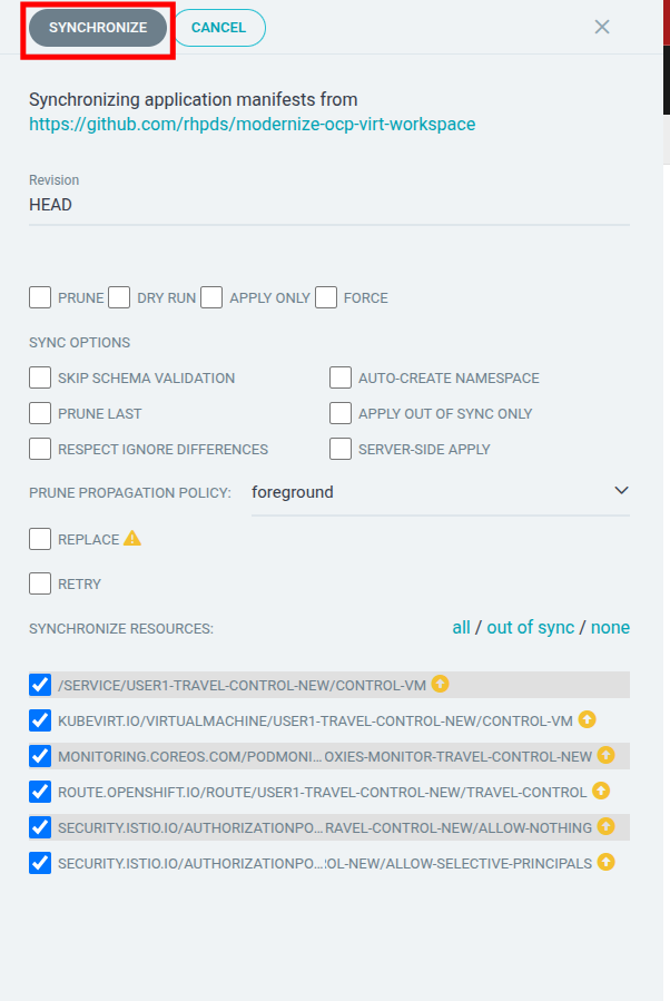 Sync panel with SYNCHRONIZE button to deploy the application