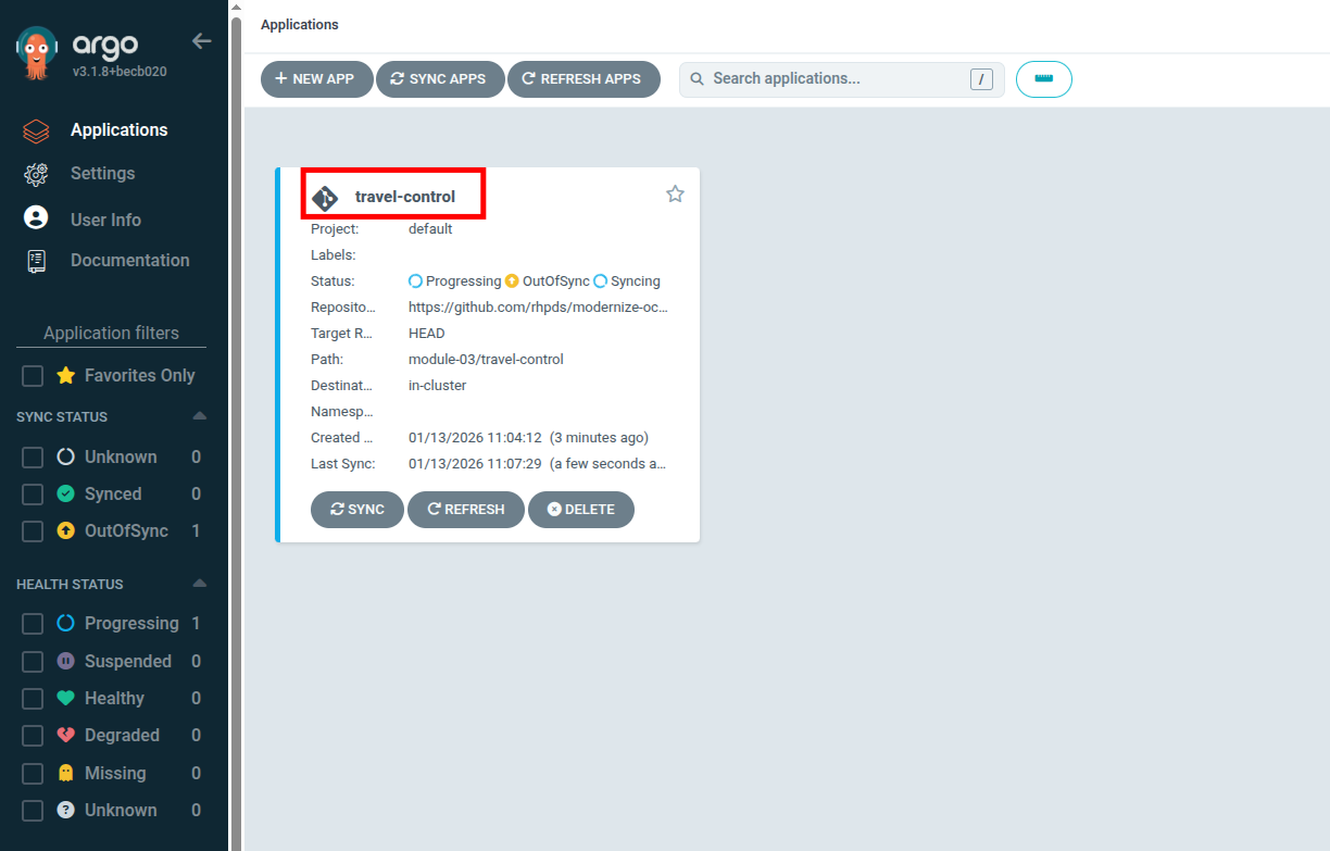 Argo CD showing travel-control application deploying resources