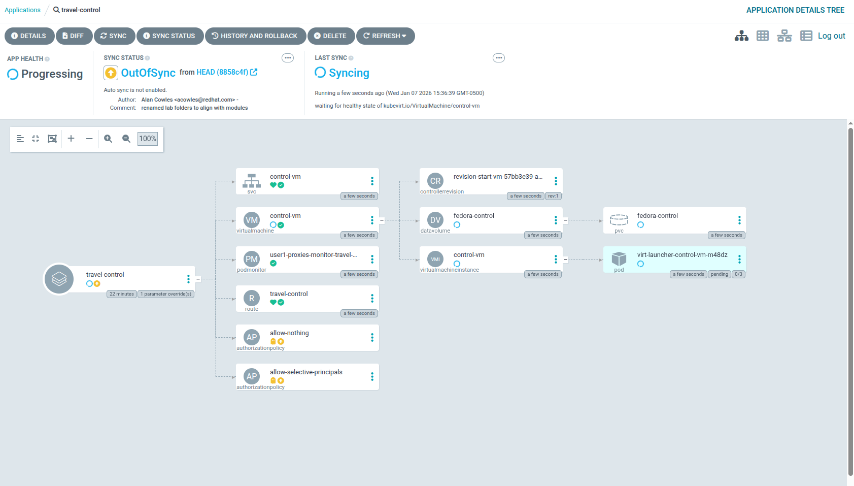 Application details showing deployed resources, sync status, and health