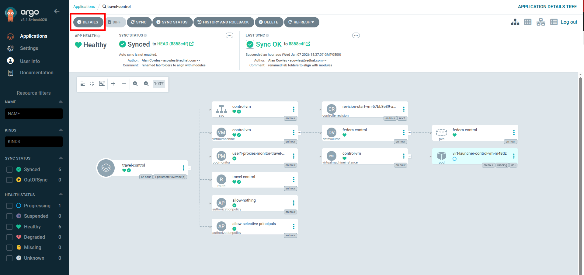 travel-control application with DETAILS button highlighted at the top