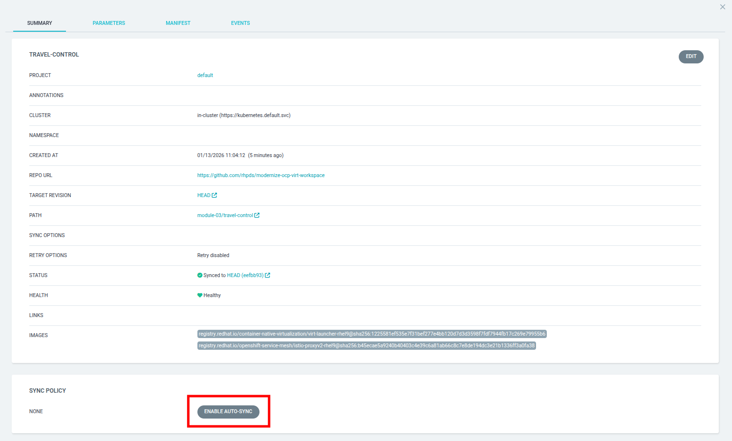 Sync Policy section with ENABLE AUTO-SYNC button