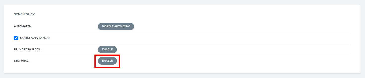 Sync Policy section showing Auto-Sync enabled with Self Heal Enable button