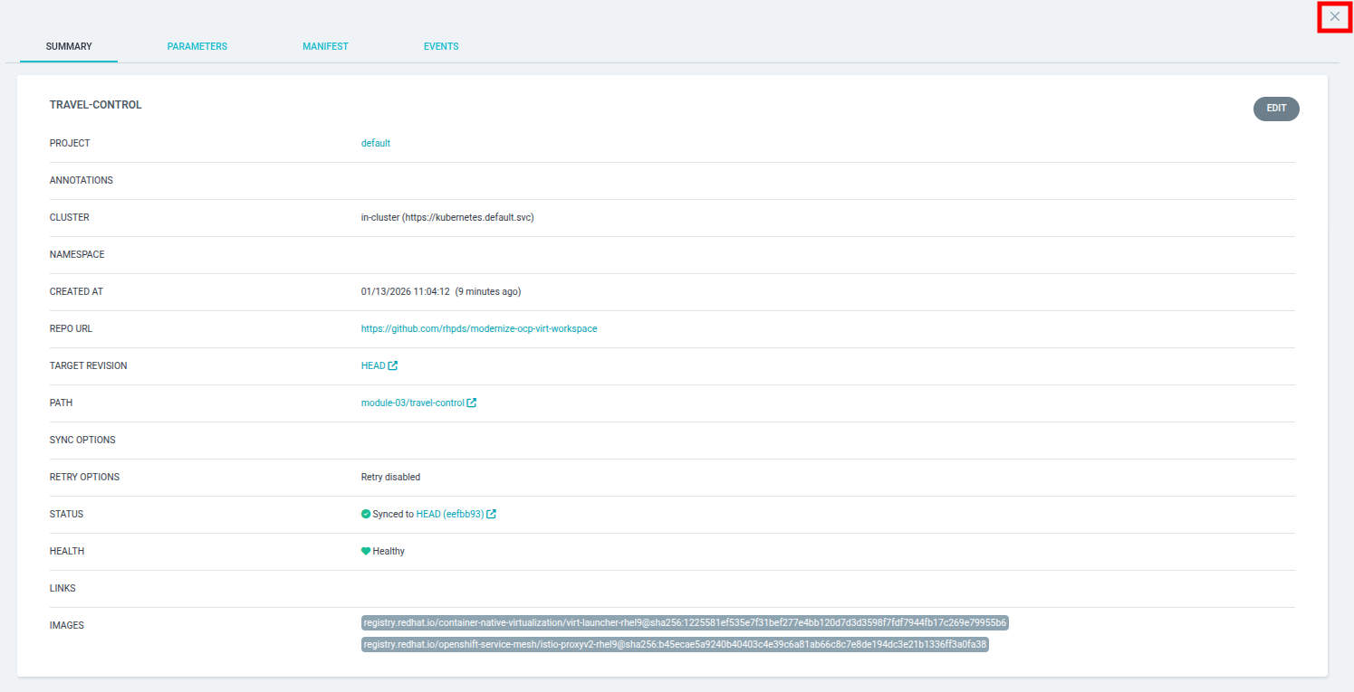 Details panel with the X close button in the upper right corner