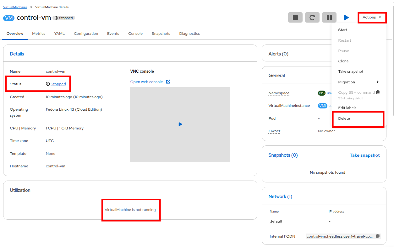 Actions dropdown menu with Delete option for the stopped control-vm