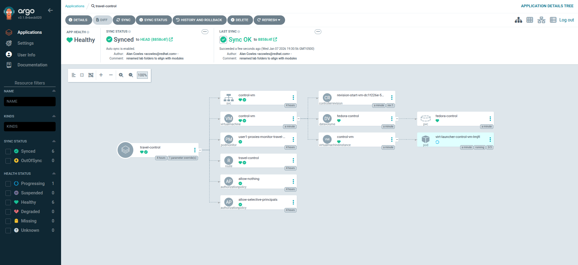 Argo CD showing travel-control application restored to Synced and Healthy state after self-healing