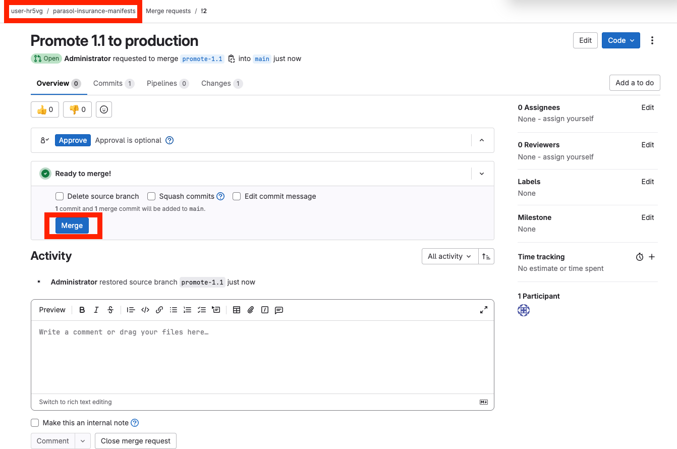 Merge request updating the production image tag in the GitOps manifests repo