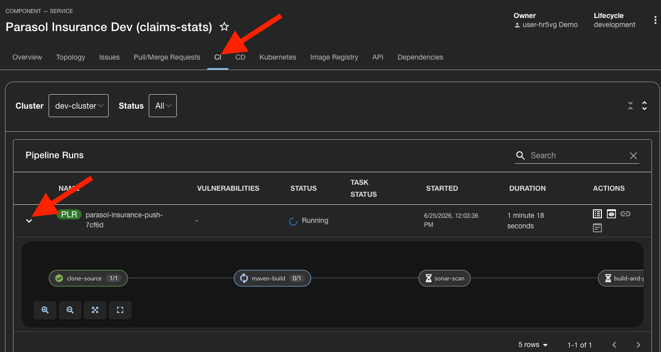Pipeline run in Developer Hub showing stages in progress
