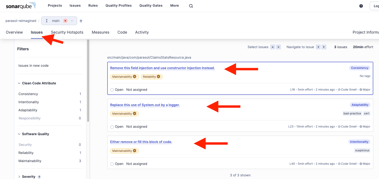 SonarQube report showing code smell violations
