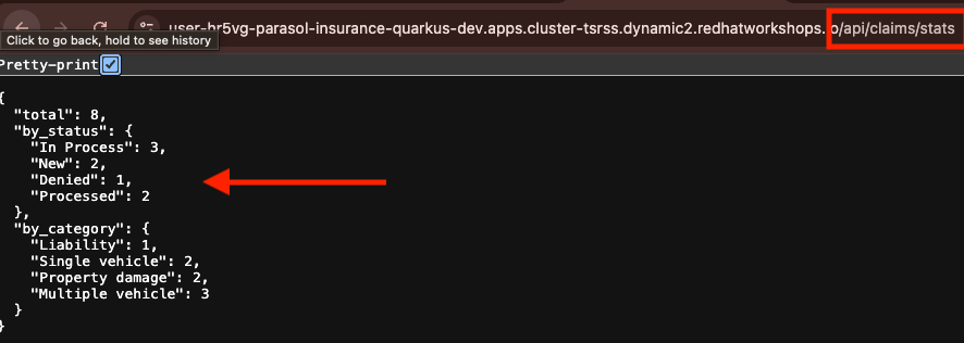Claims statistics endpoint returning JSON data in dev mode