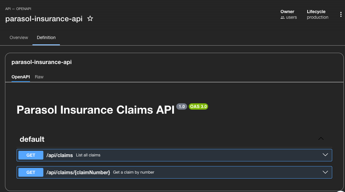 API definition rendered from source in Developer Hub