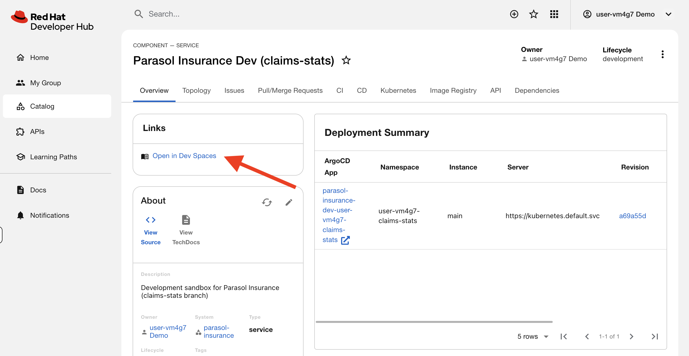Link to open pre-configured Dev Spaces seen in Red Hat Developer Hub