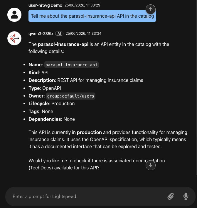 Lightspeed AI assistant in Developer Hub