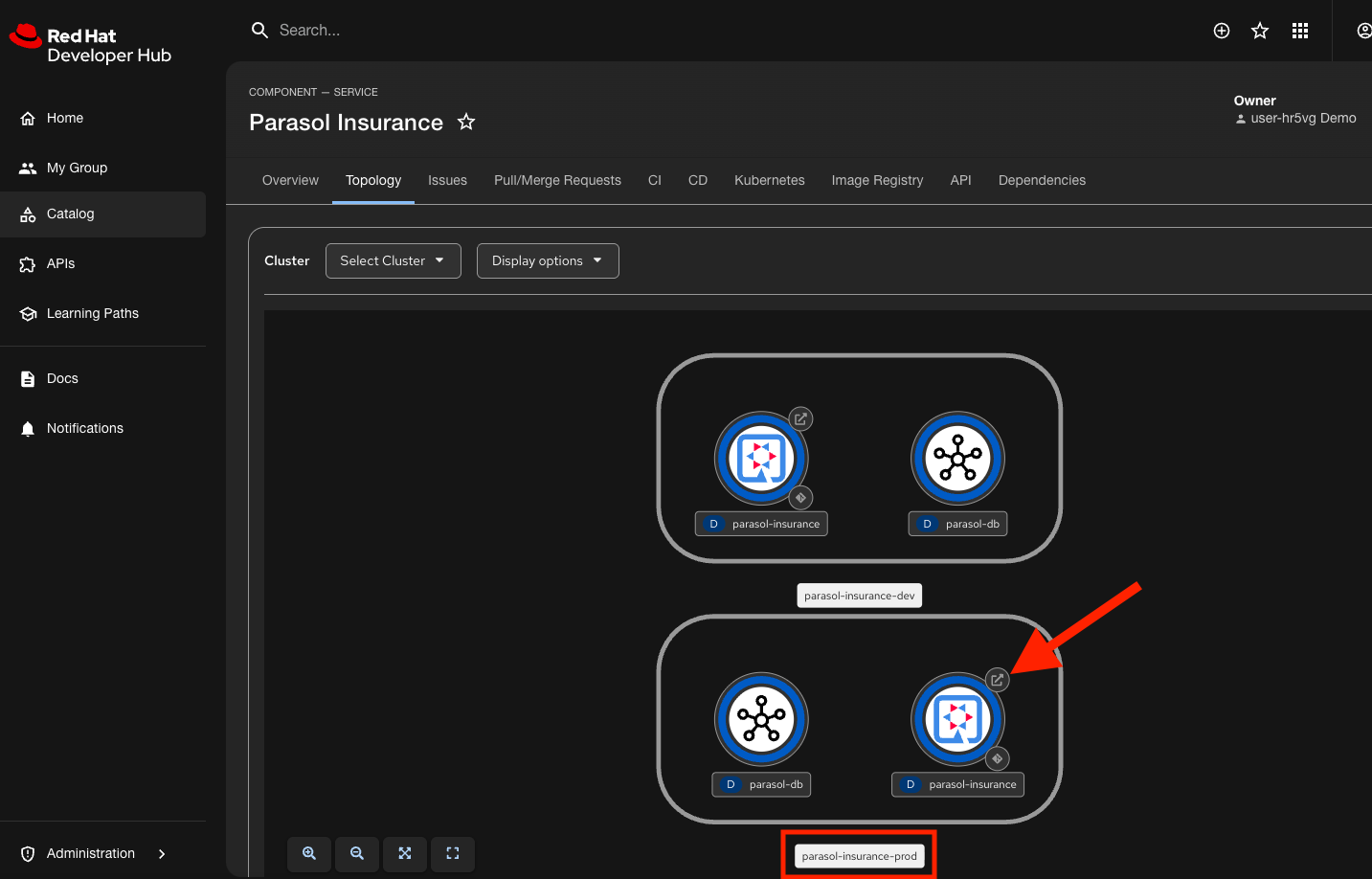 Developer Hub topology showing dev and prod environments