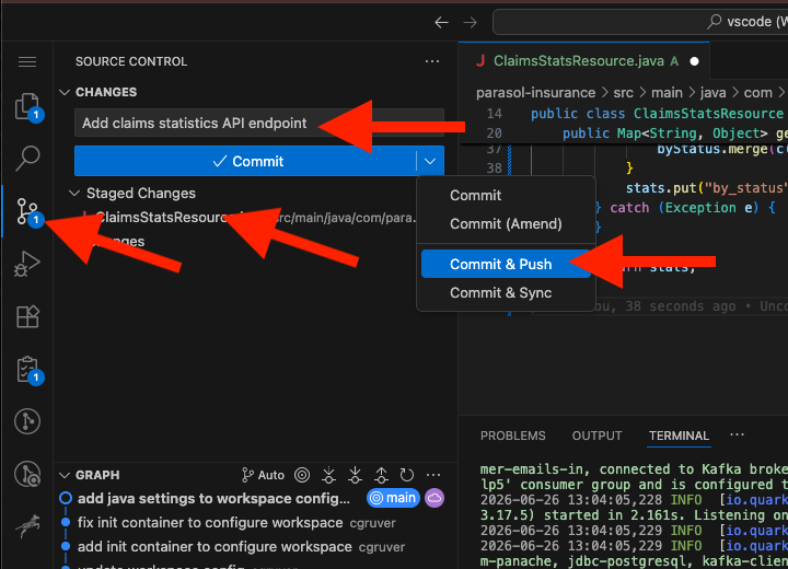 Developer commits and pushes code from the IDE
