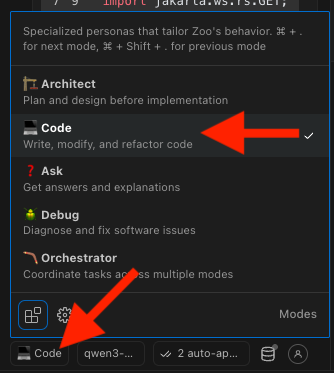 Selecting the Code persona in the AI assistant