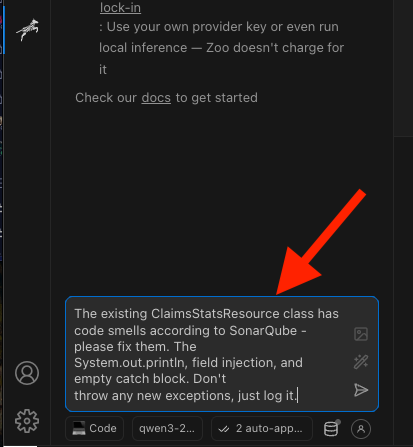 Entering a prompt to fix SonarQube violations