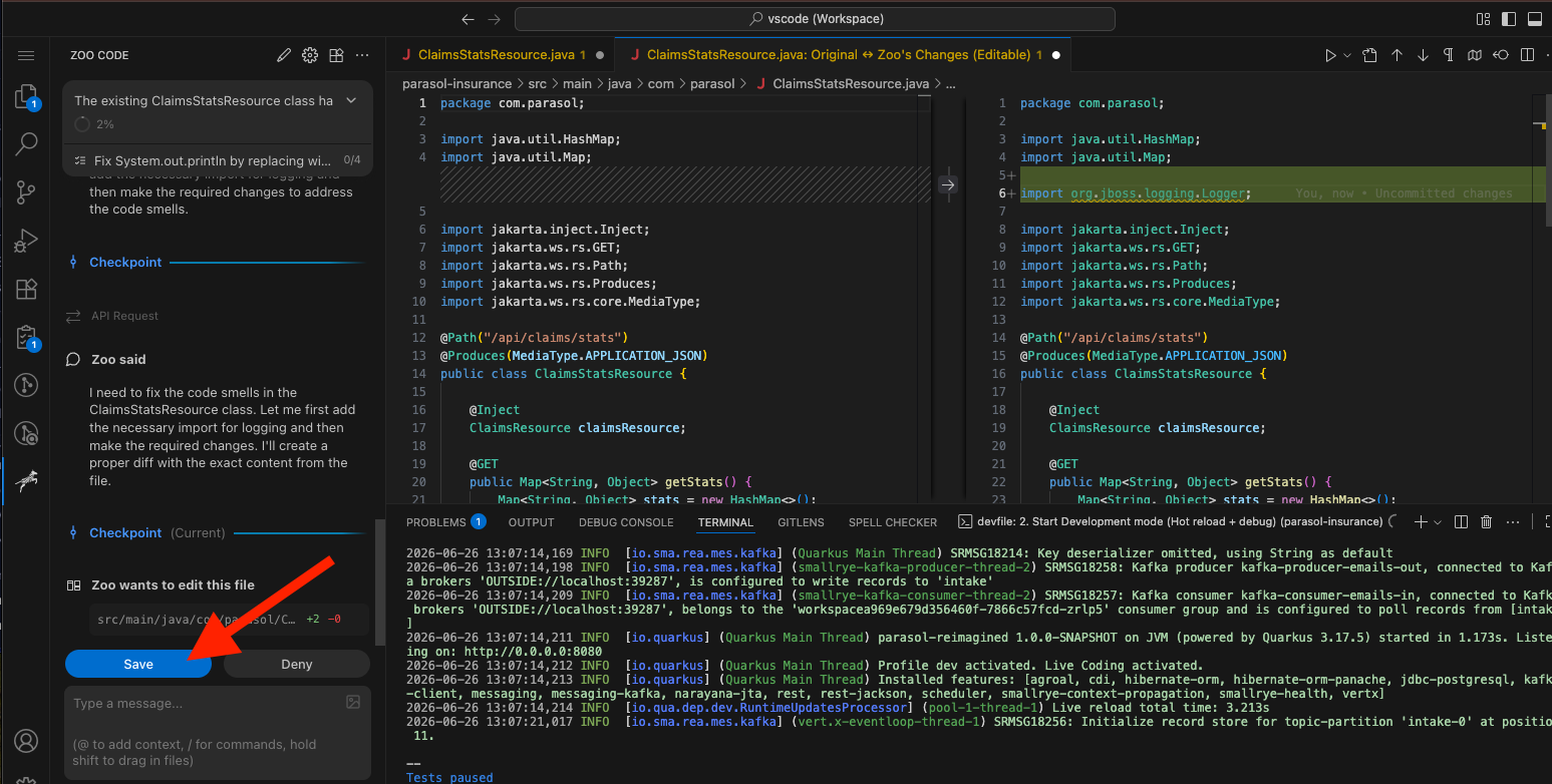 Clicking Save to approve the AI assistant’s file edits