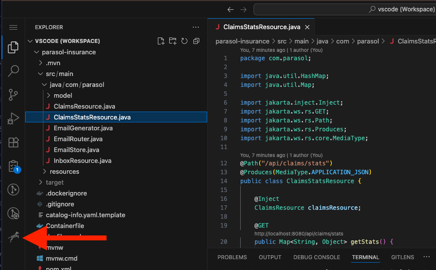 AI coding assistant icon in the Dev Spaces left sidebar