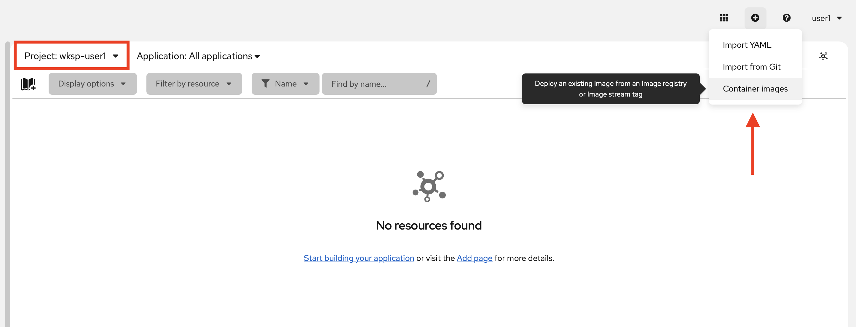 openshift console add container