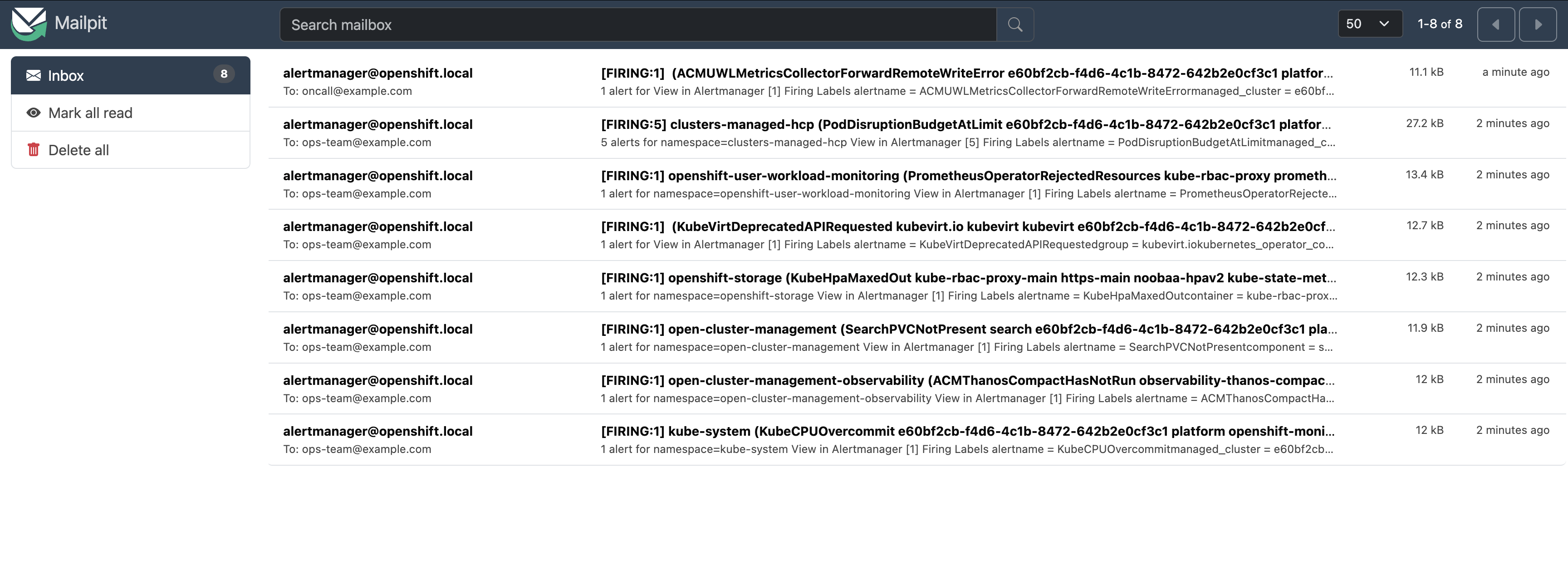 Mailpit inbox showing alert notification emails from Alertmanager