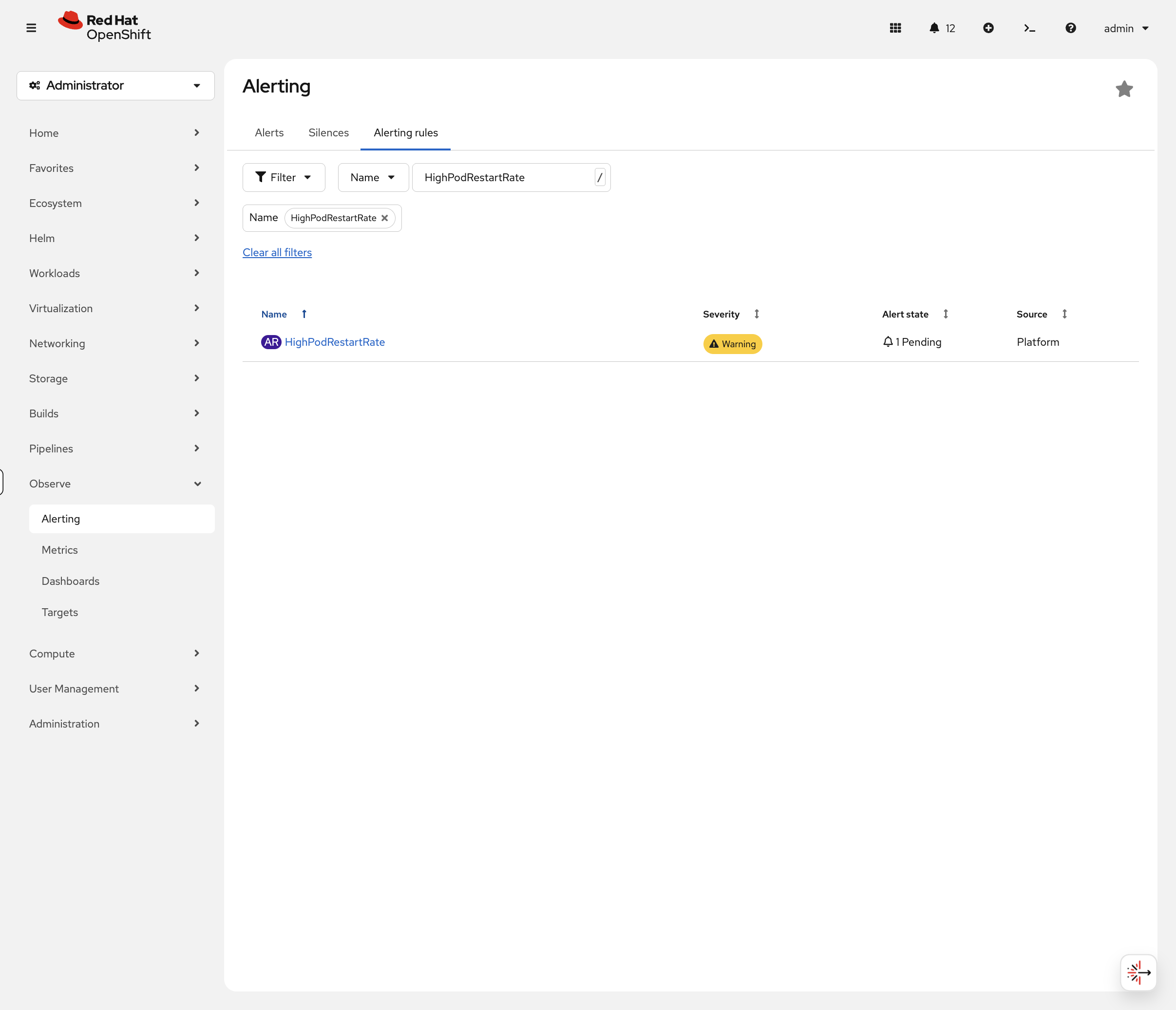 Alerting Rules showing custom HighPodRestartRate rule