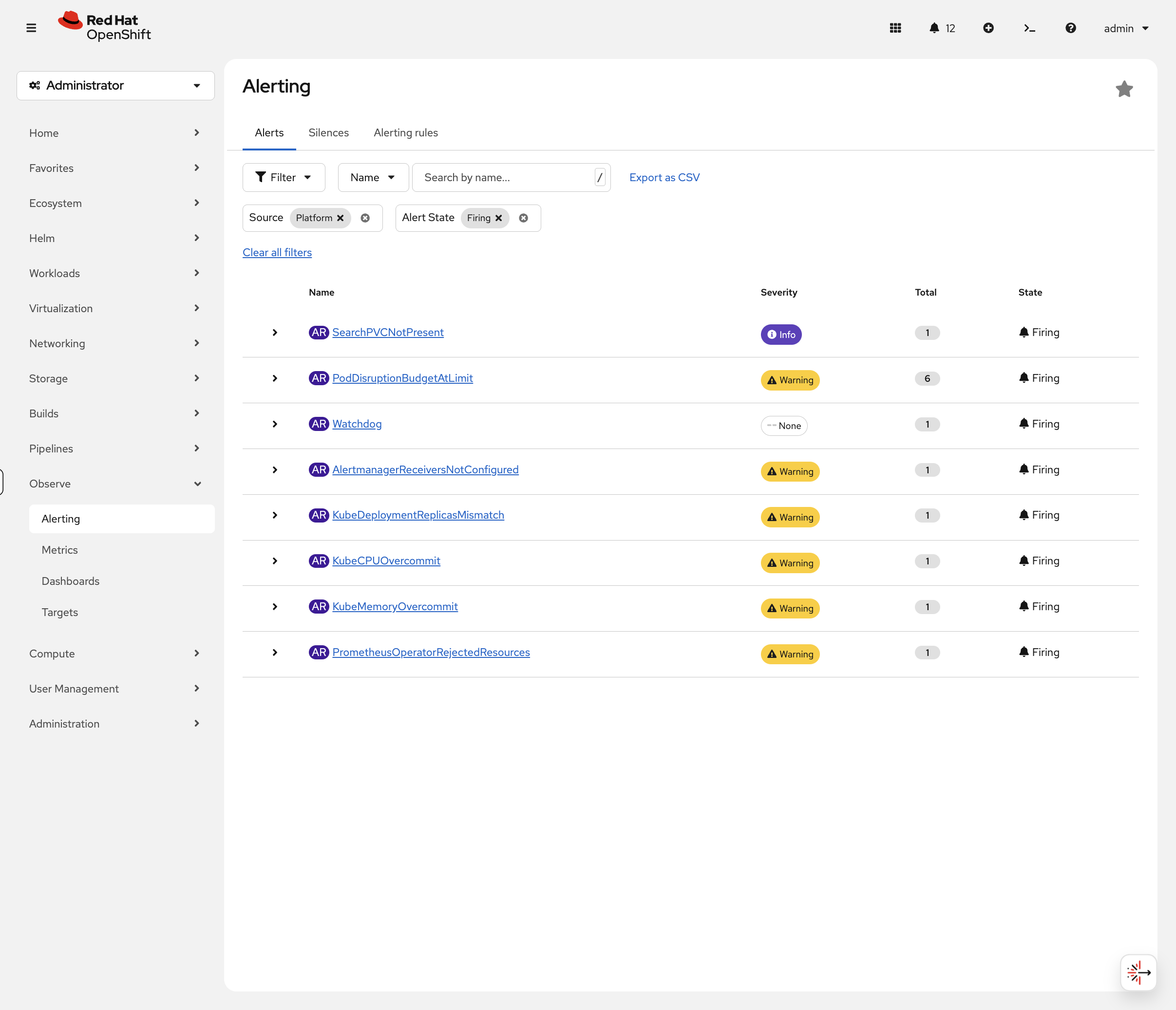 Alerts tab showing currently firing alerts with severity and state