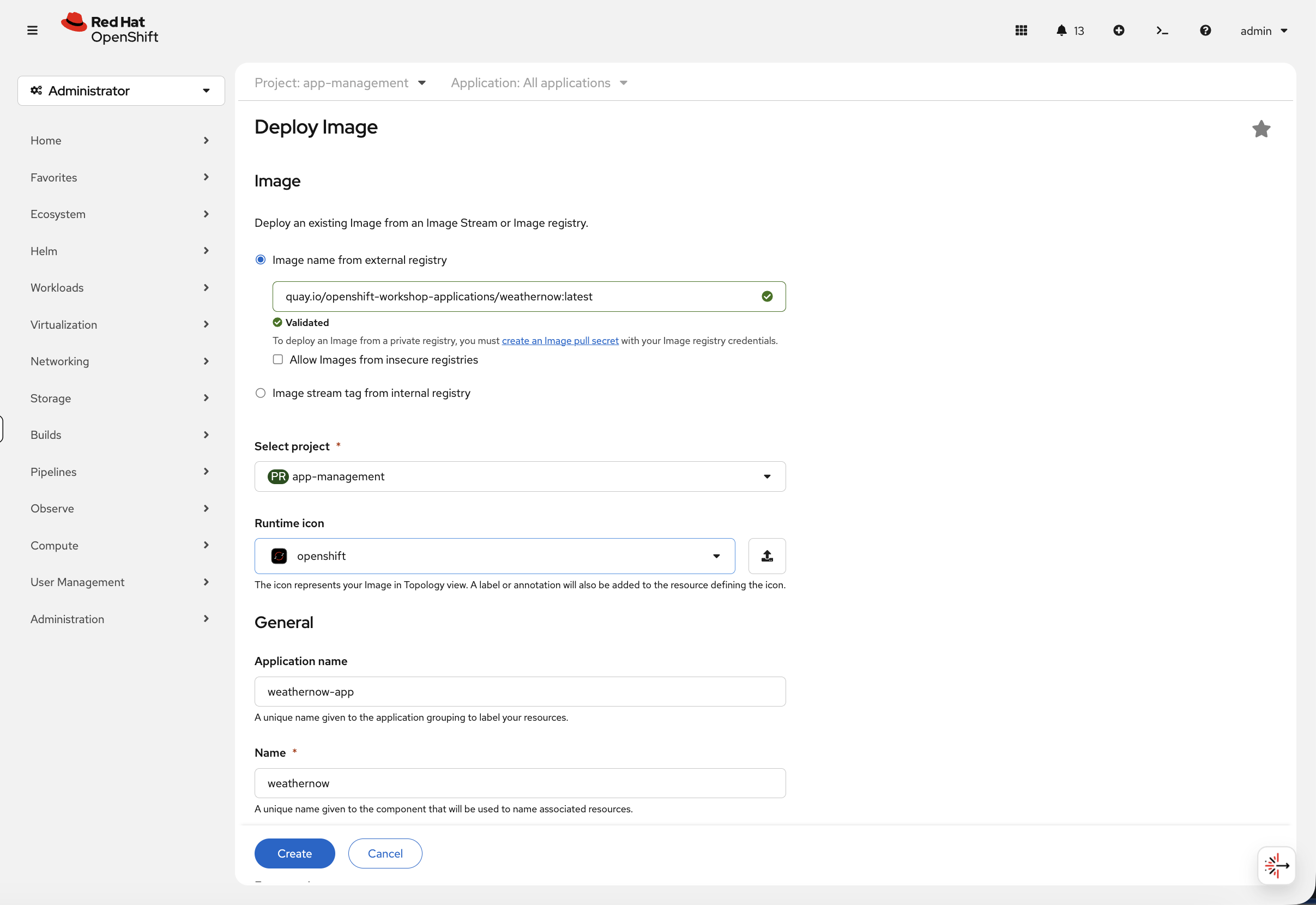 Deploy Image form with weathernow image validated