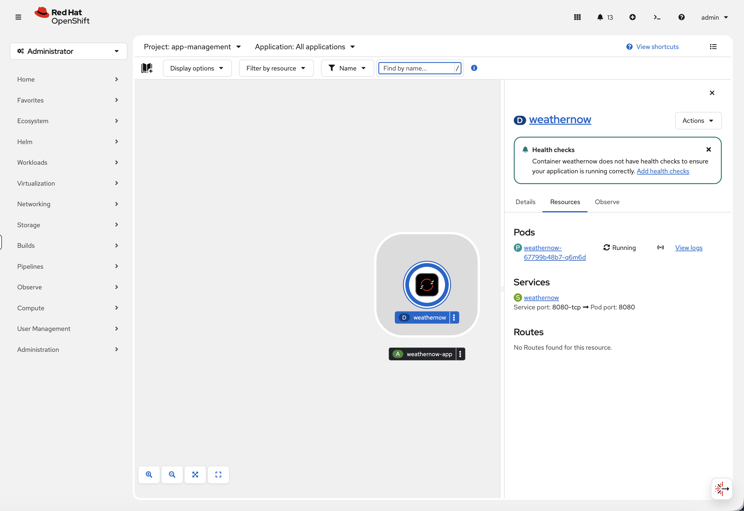 Topology view showing weathernow with no route