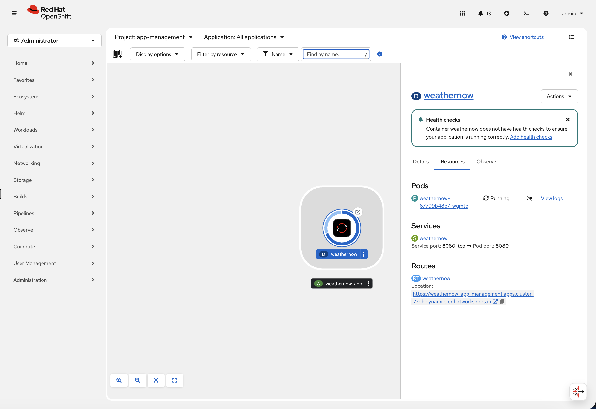 Topology view showing weathernow application with route