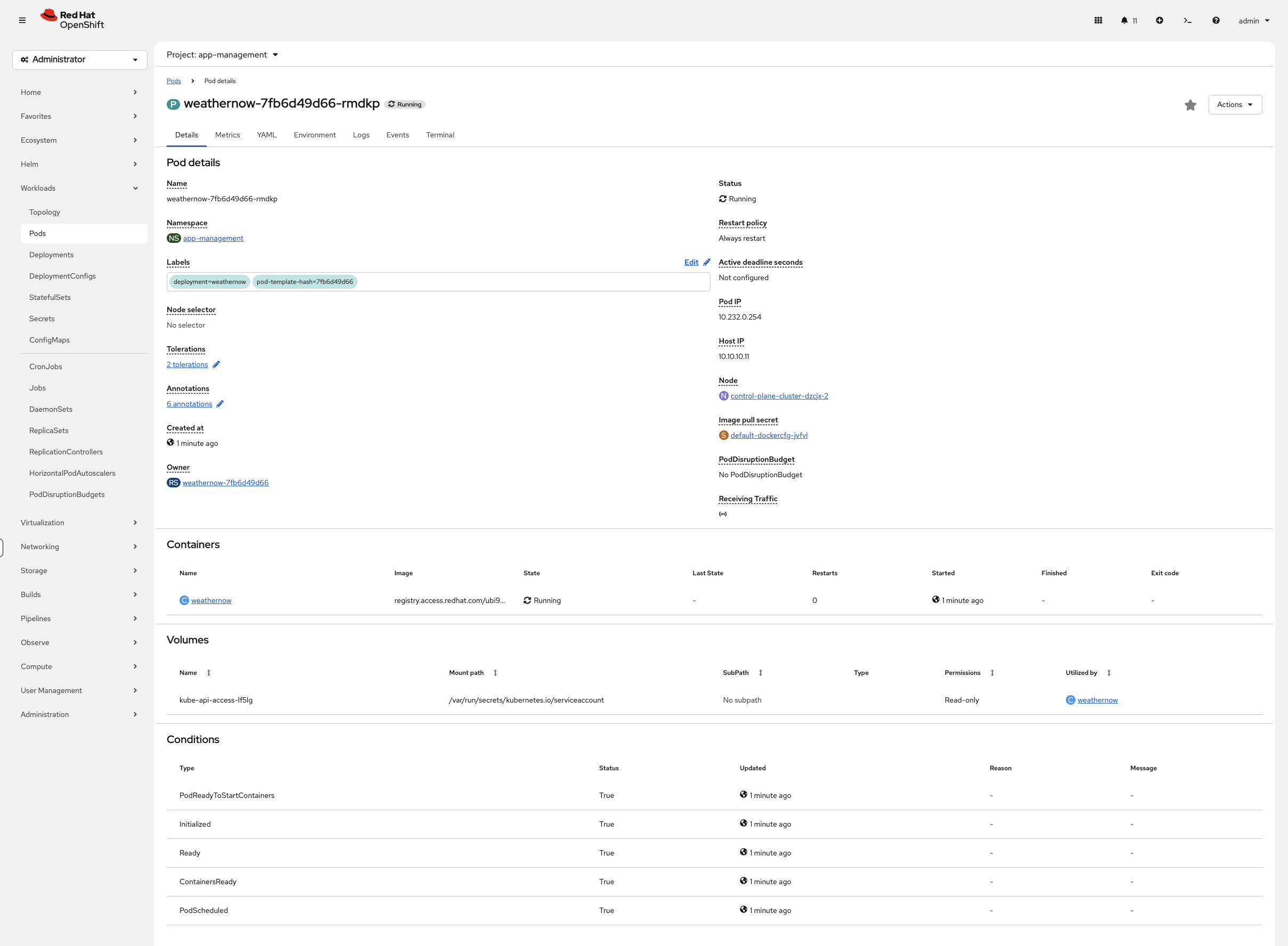 Pod detail page showing Overview with Events and resource usage