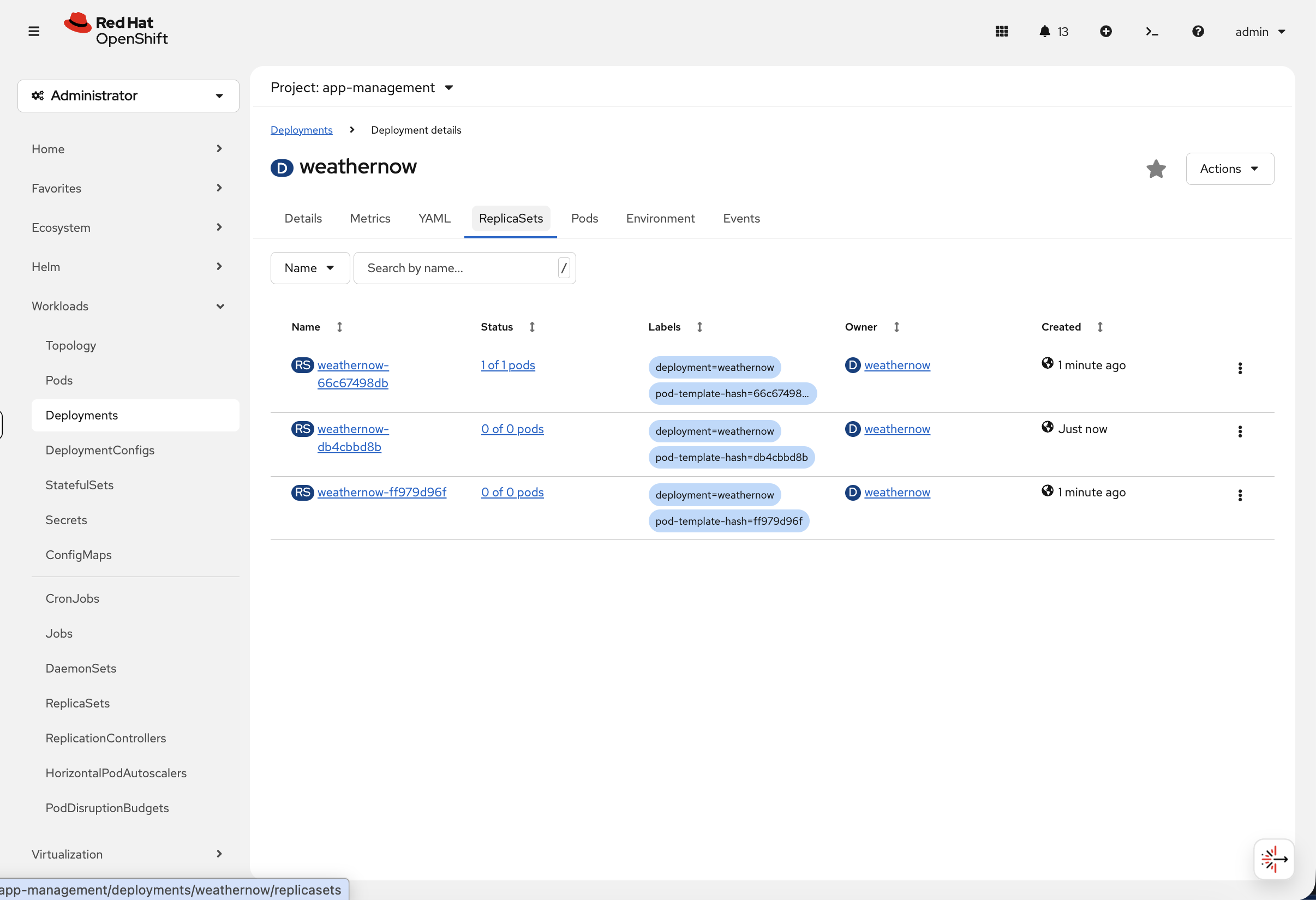 ReplicaSets tab showing deployment revision history with active and scaled-down replicas