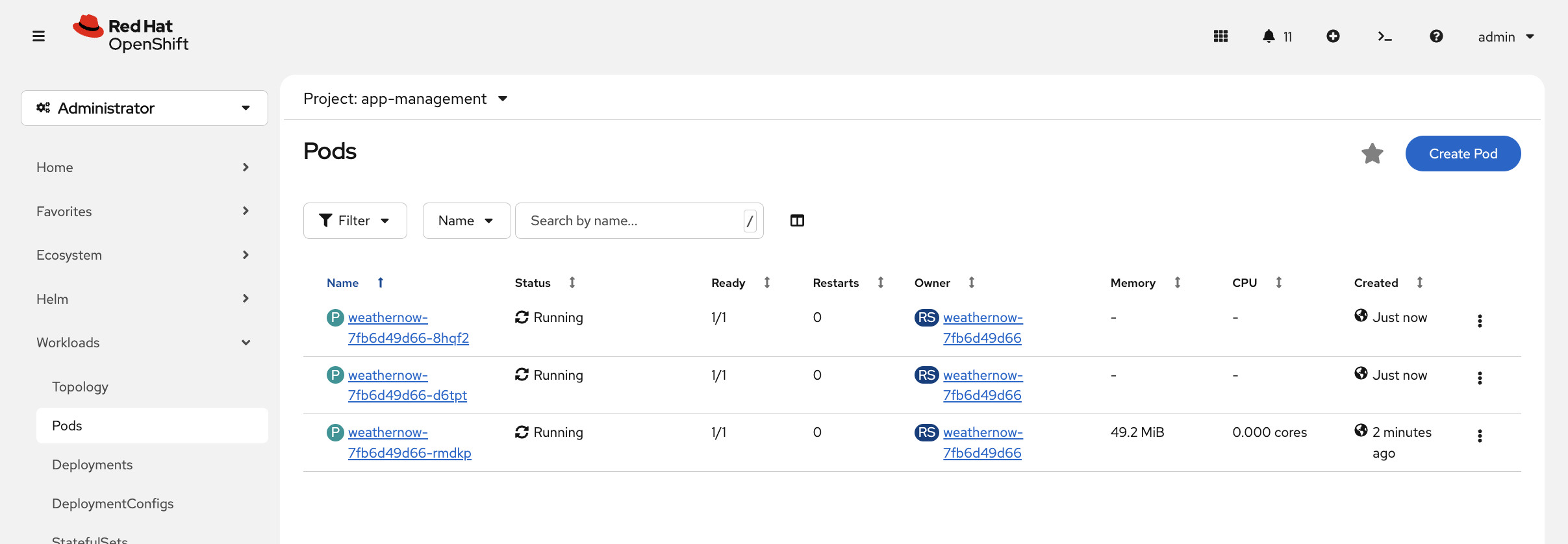 Pod list showing 3 weathernow pods after scaling