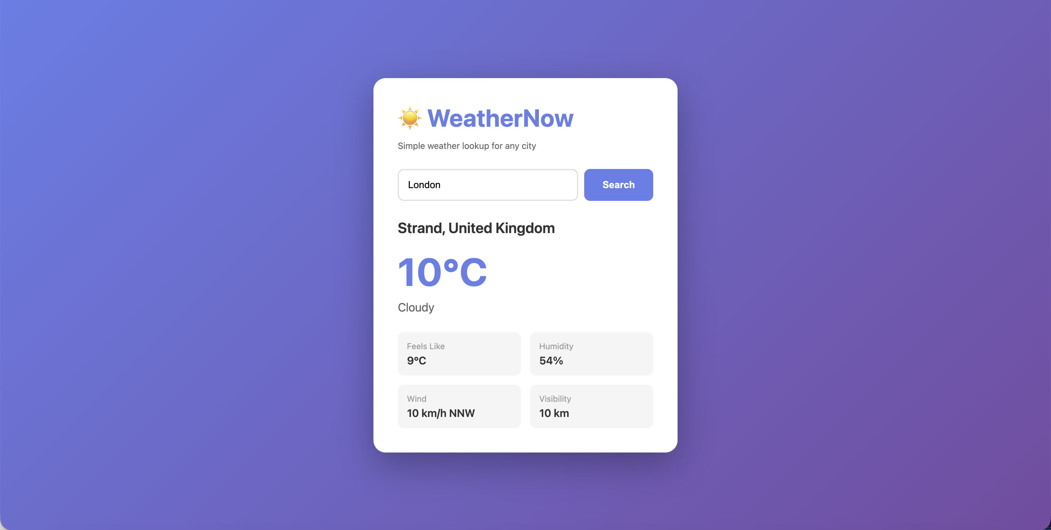 WeatherNow application showing weather data